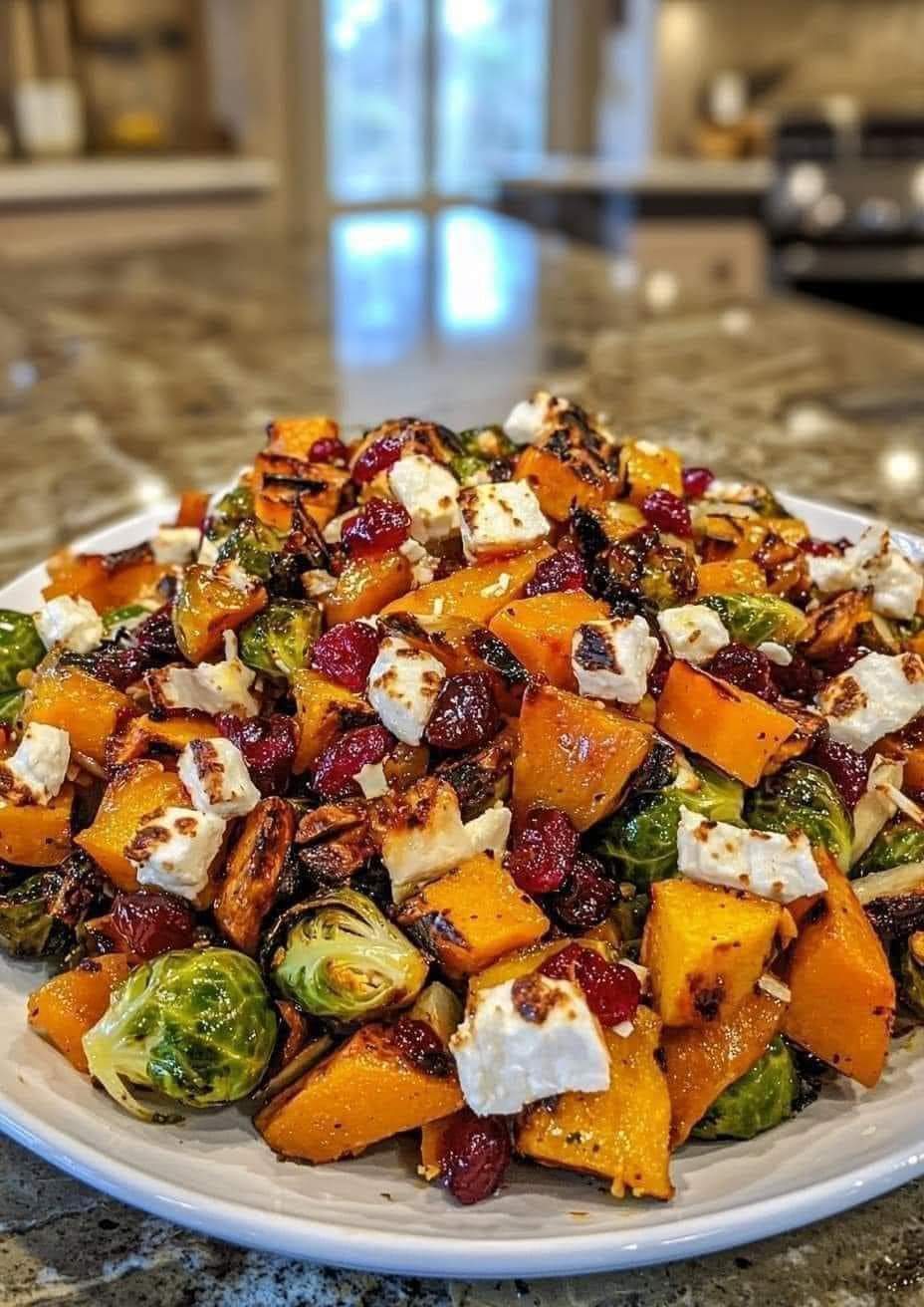 Cranberry-Glazed Roasted Butternut Squash, Brussels Sprouts, and Sweet Potato Salad with Cranberries and Goat Cheese 🧀