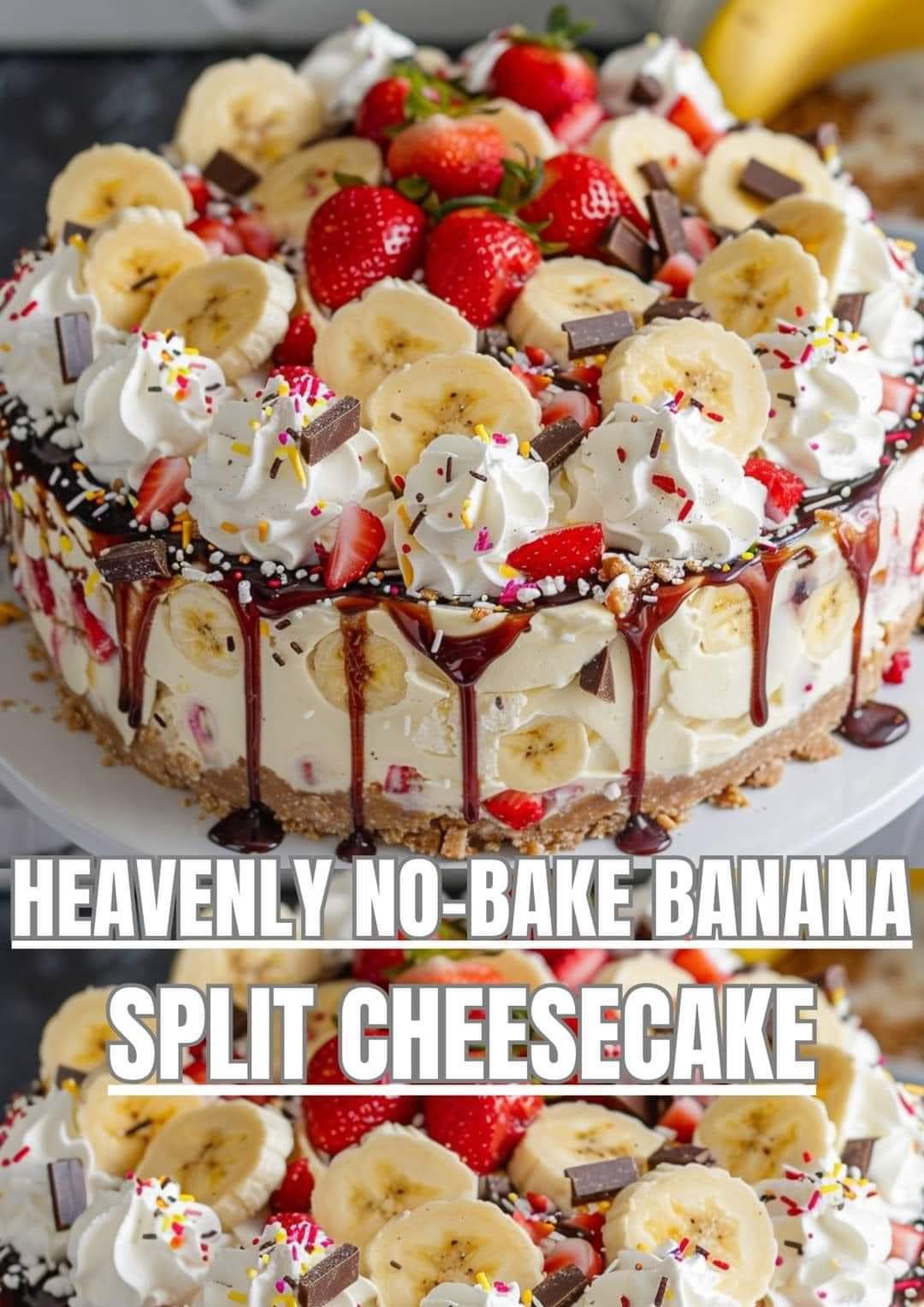 Heavenly No-Bake Banana Split Cheesecake🍌🍒🍫