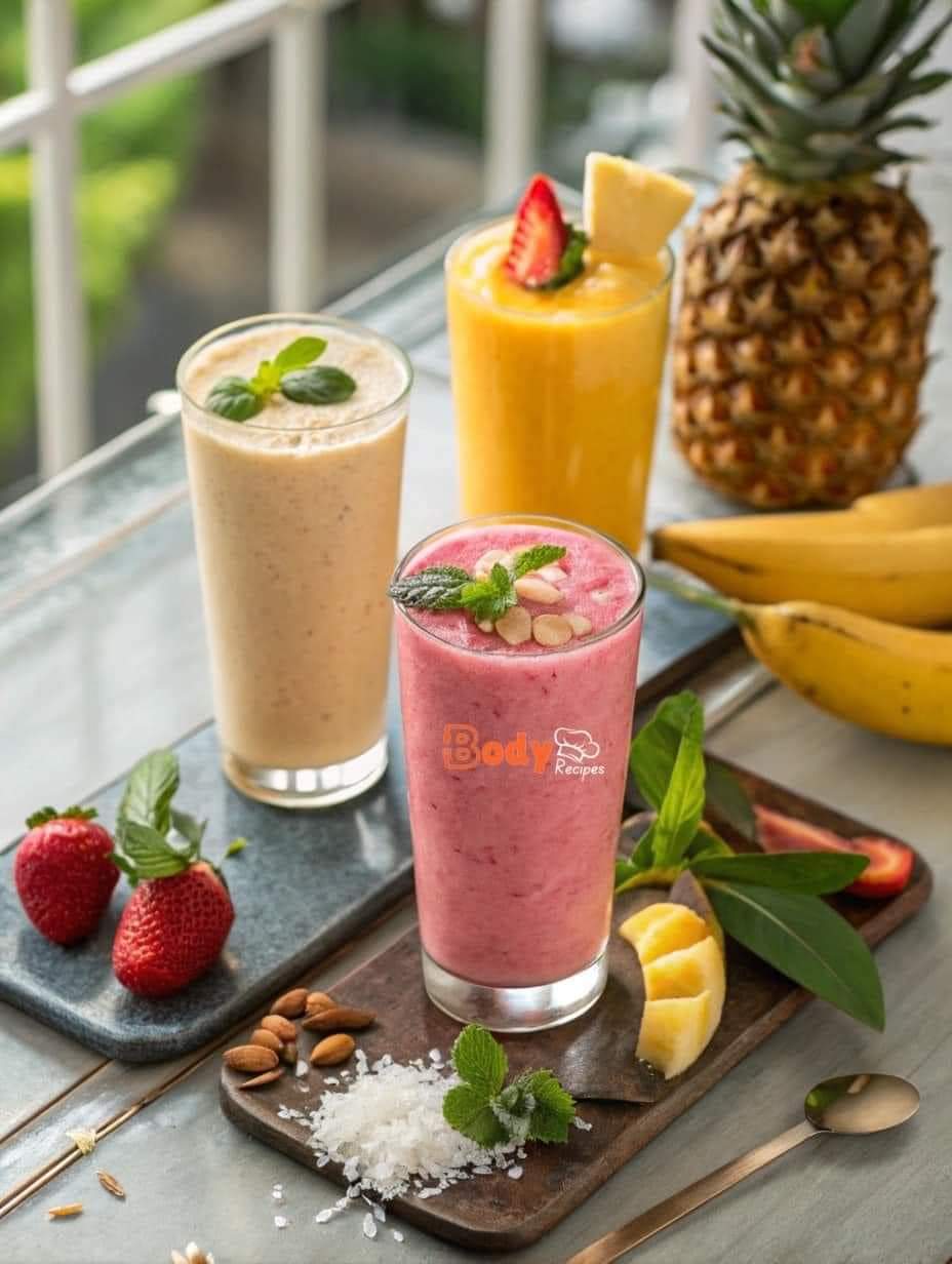 *Banana Date, Strawberry Basil, and Pineapple Coconut Smoothies*