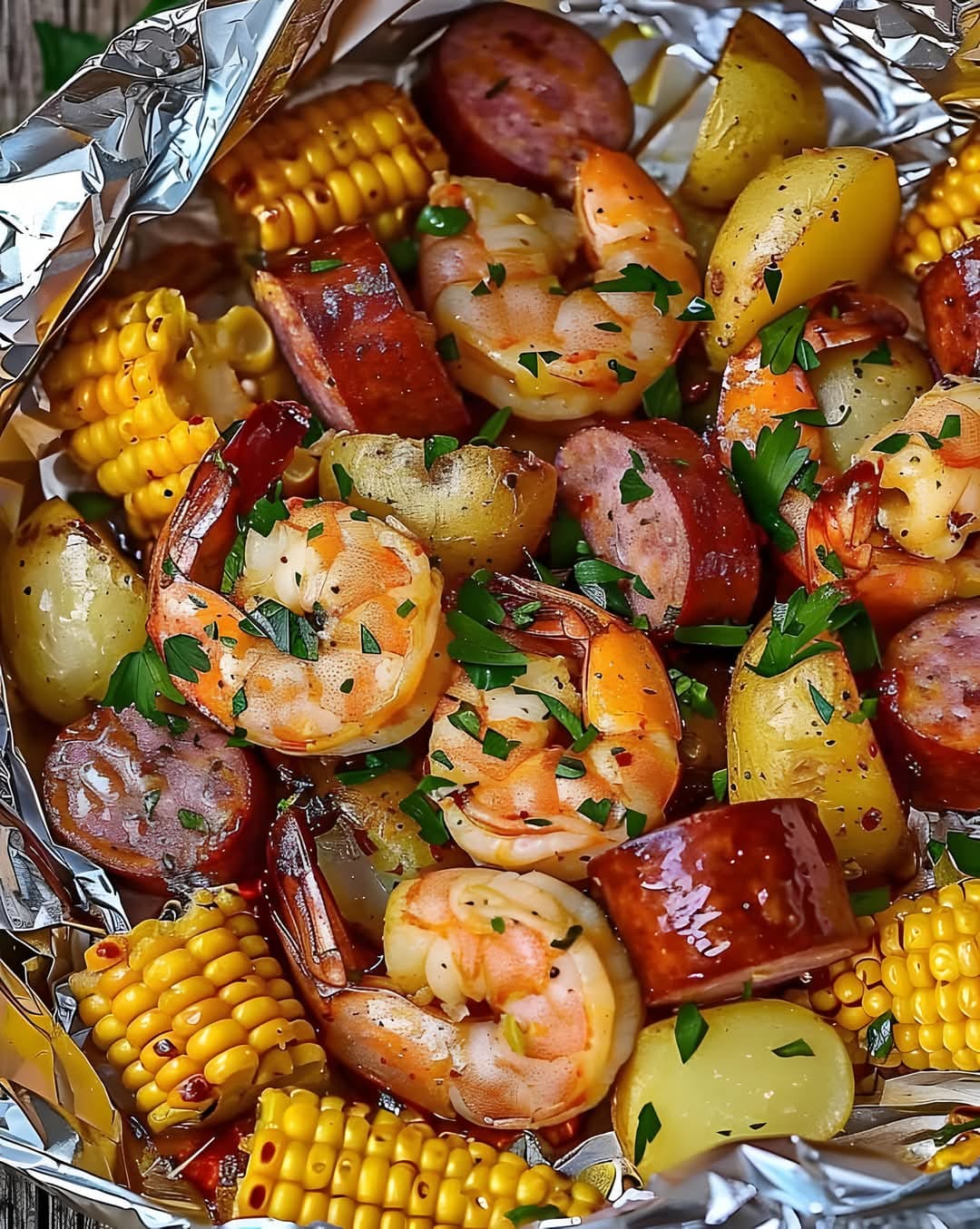 Shrimp, Corn, Potatoes, and Smoked Sausage Foil Pack